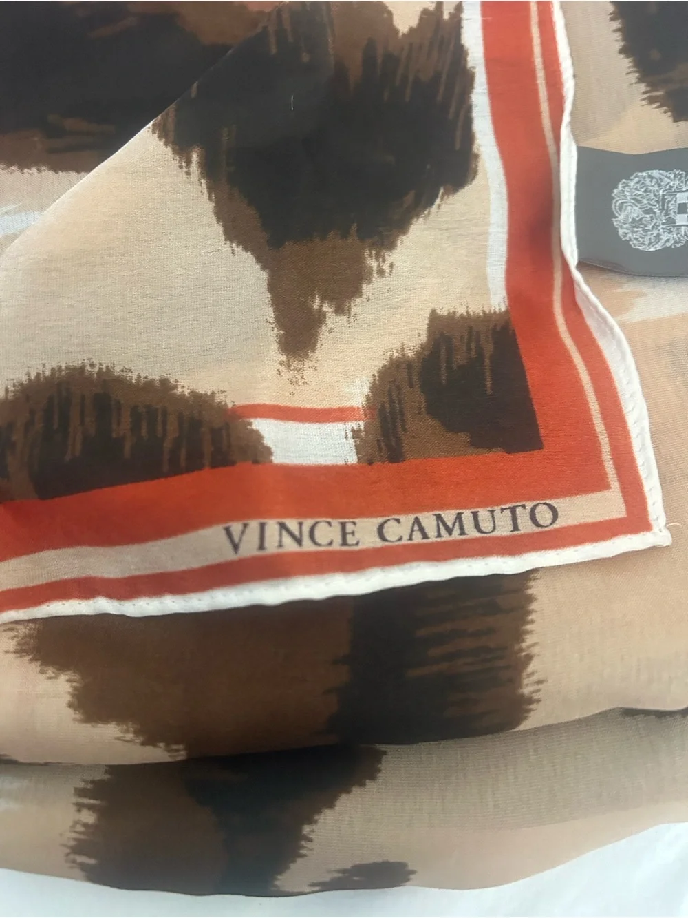 Vince Camuto Brown & Tan Leopard-Print Silk Scarf with Rust Border